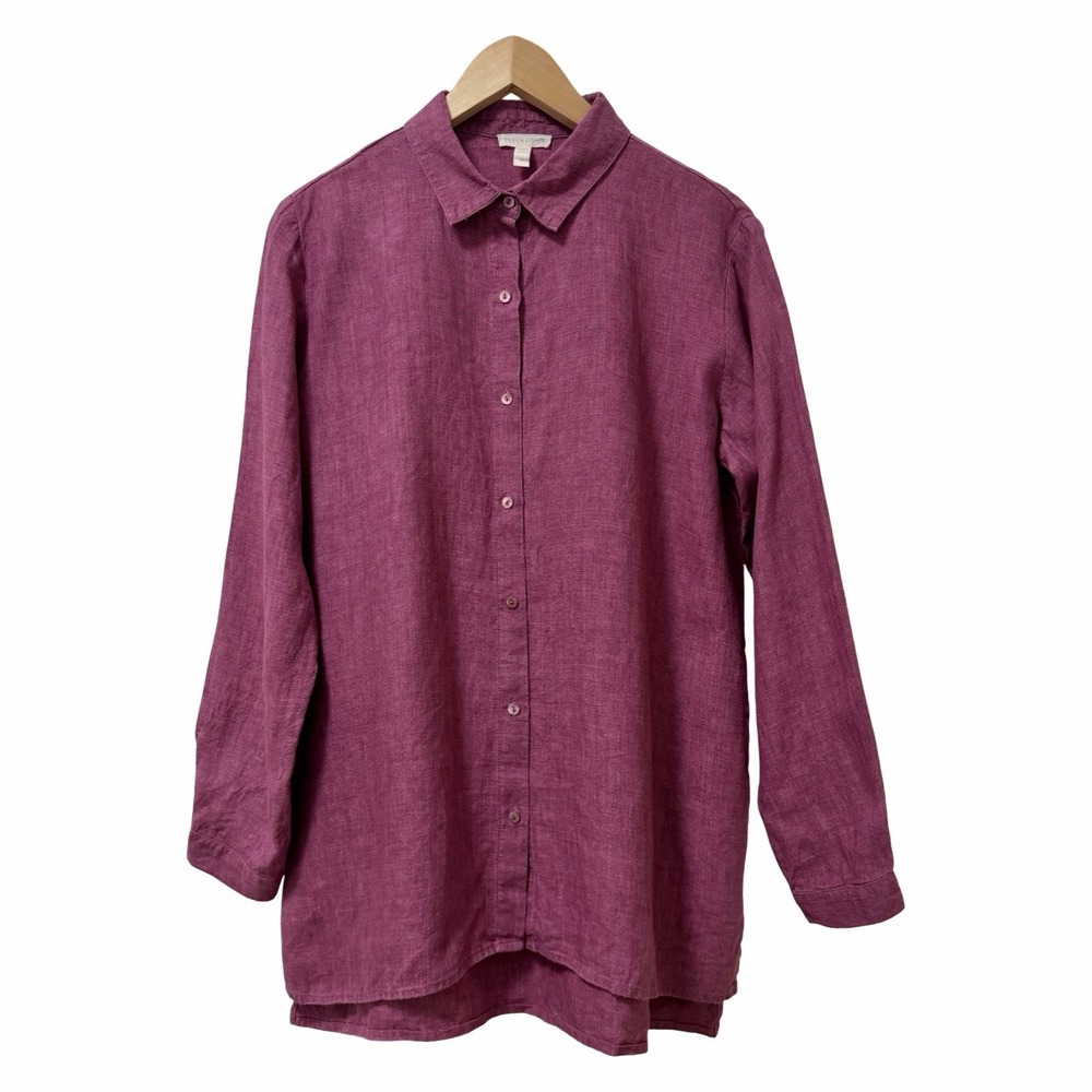 Eileen Fisher Organic Linen Button Up Tunic Top Size S Pink Resortwear Vacation